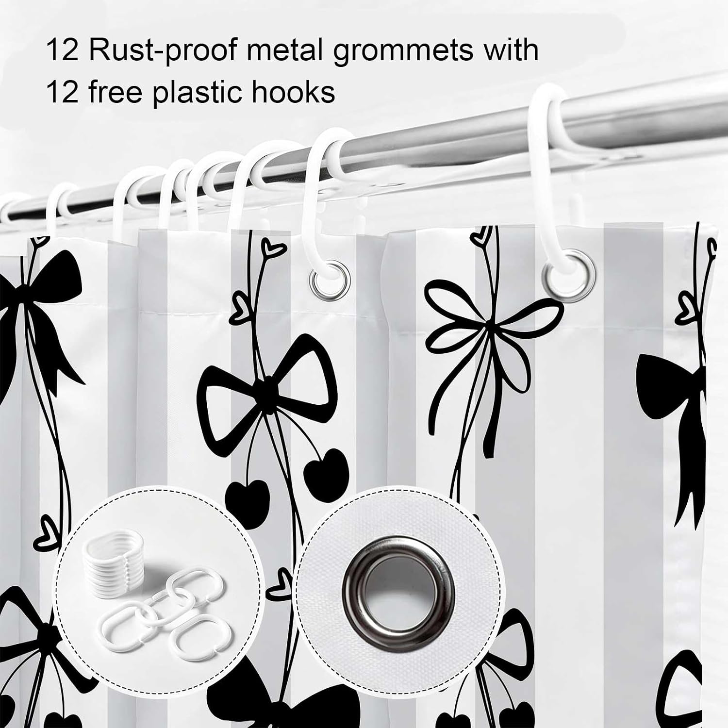 Cute Black Bow Shower Curtain Preppy Style Cartoon Pattern 72x72 Inches