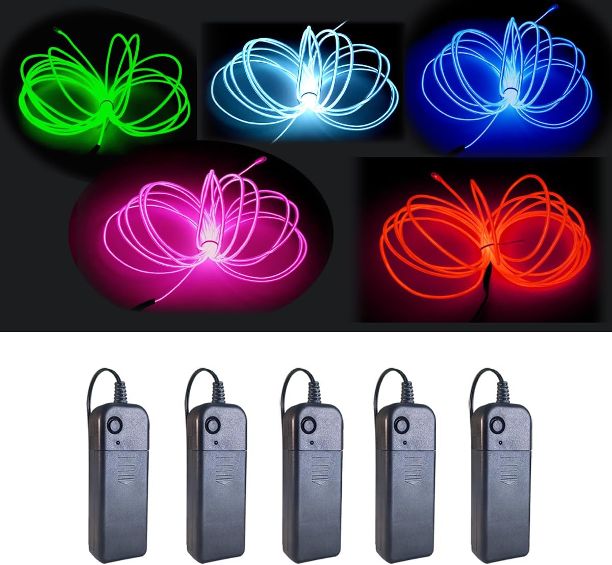 EL Wire, 5 Pack 9ft Neon Lights Portable Electroluminescent Wire with Battery Pack for Parties, Halloween,DIY Decoration (Green, Blue, Red, White, Pink)