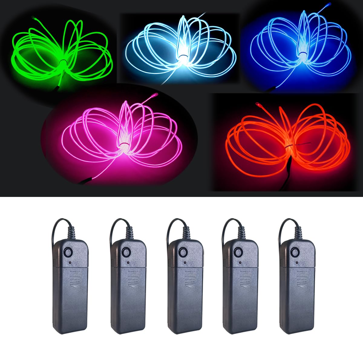 EL Wire, 5 Pack 9ft Neon Lights Portable Electroluminescent Wire with Battery Pack for Parties, Halloween,DIY Decoration (Green, Blue, Red, White, Pink)