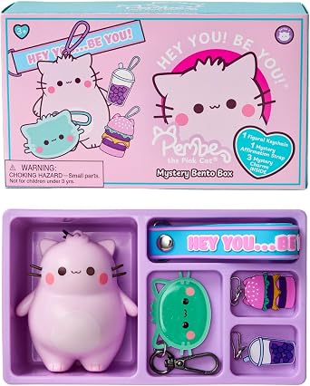 Pembe Pink Cat Bento Blind Box Keychain Set - Mystery Mini Figure, Age 3+ | Vinyl Collectible, Affirmation Strap, Surprise Charms, Display-Ready Bento Tray, Clip-On, Collect all 6 Styles, Styles Vary
