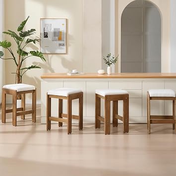 RIVOVA 26-inch Farmhouse Barstools Set of 4, Linen Fabric Upholstered Saddle Seat Counter Height Bar Stools, Modern Backless Kitchen Island Barstools with Wood Base & Footrest, Beige/Natural