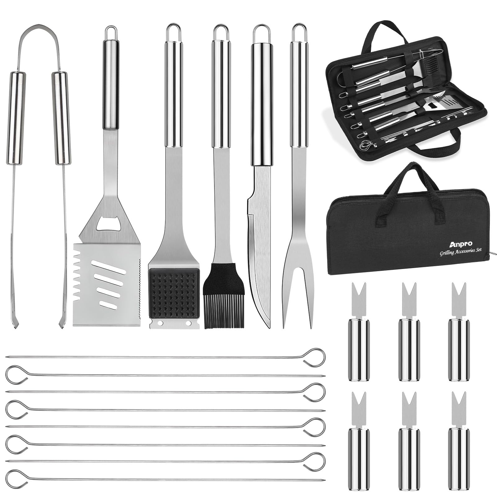 Anpro Grill Kit, Grill Set, Grilling Utensil Set, Grilling Accessories, BBQ Accessories, BBQ Kit, BBQ Grill Tools,Smoker, Camping, Kitchen, Stainless Steel, 21 Pcs,Grilling Gifts for Fathers Day