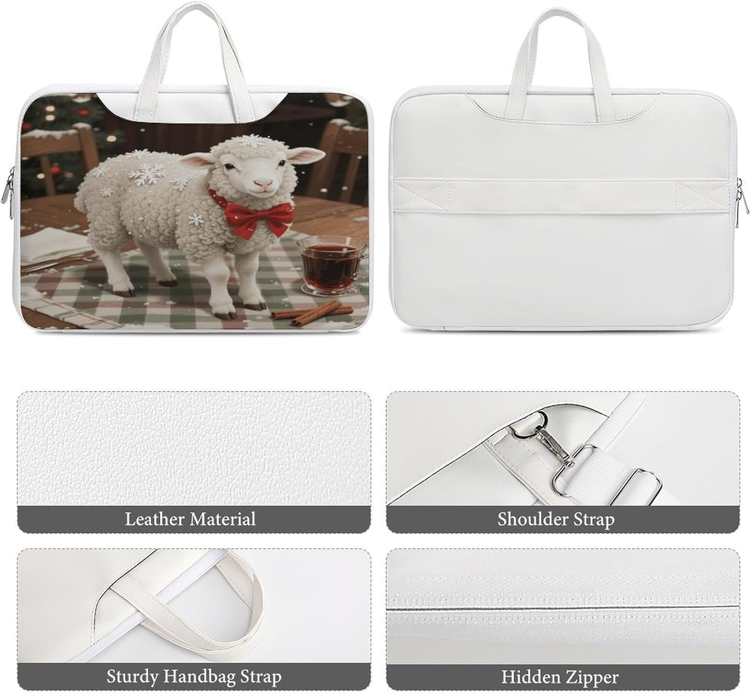 Christmas Sheep 42x30.5cm White-style Laptop Bag Leather Tablet Computer Briefcase Large Capacity Work Business Tote Bags for Office