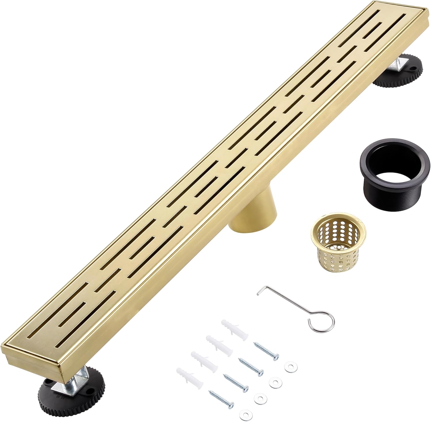 28 Inch Linear Shower Drain, Brushed Gold Shower Drain,Removable Grate, 304 Stainless Steel, Easy to Install and Clean for Bathrooms (Drain Base Not Included), LSD-01A-28G