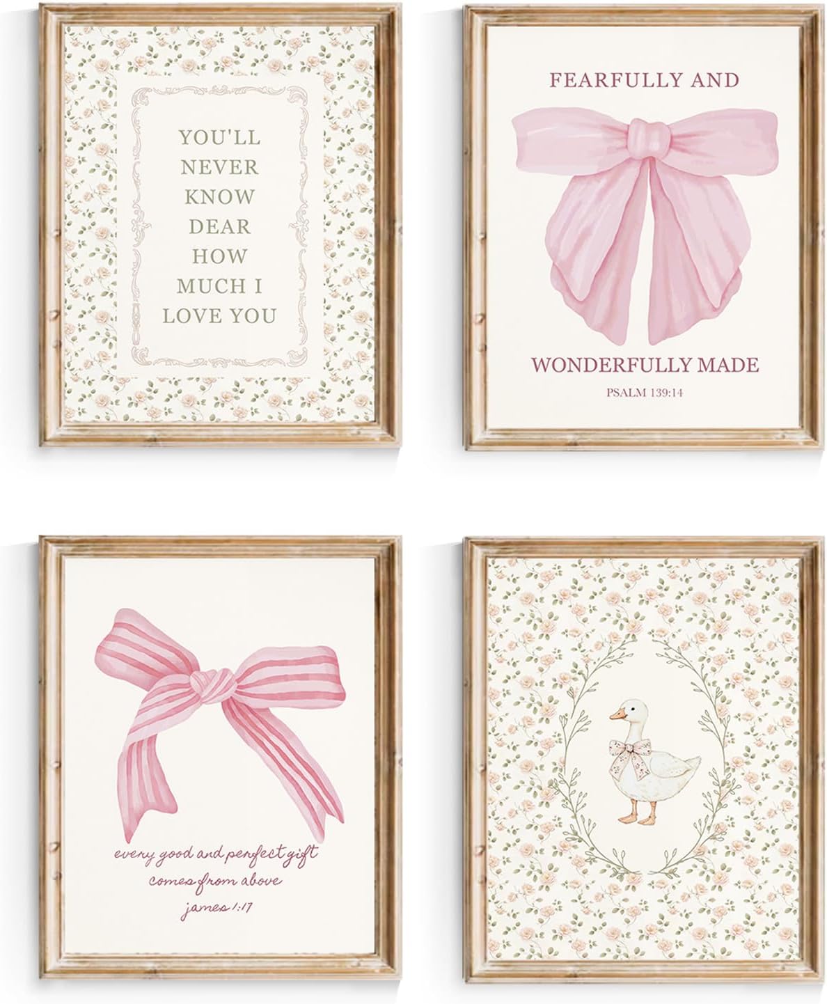 Habseligkeit Pink Bow Wall Art Prints, Cute Wall Decors for Room Aesthtic, Coquette Posters for Girls Bedroom Dorm Decor Unframed, 8X10in, Set of 4
