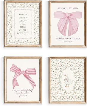 Habseligkeit Pink Bow Wall Art Prints, Cute Wall Decors for Room Aesthtic, Coquette Posters for Girls Bedroom Dorm Decor Unframed, 8X10in, Set of 4