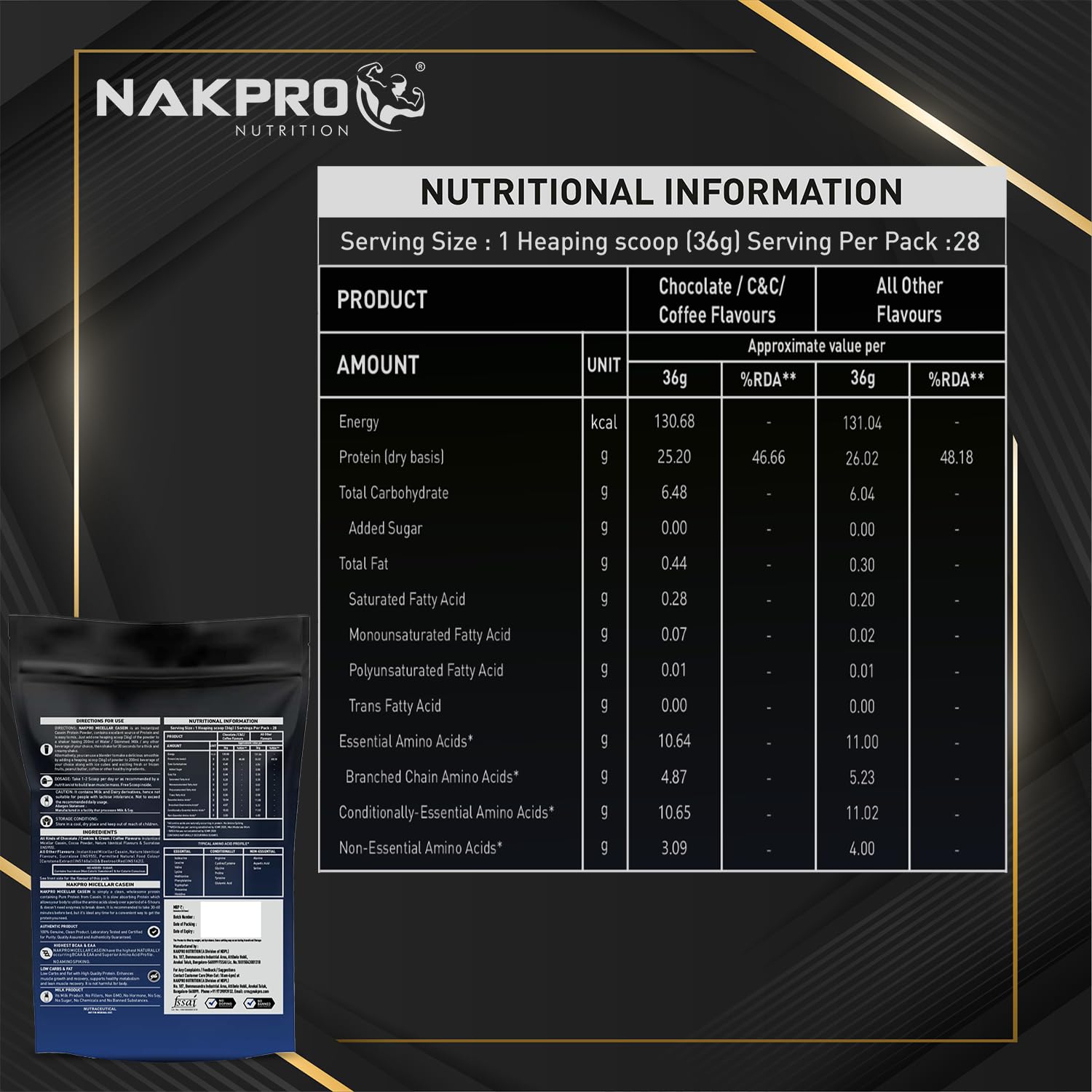 NAKPRO 100% Micellar Casein Protein Supplement |26.02g Protein, 11g EAAs, 5.26g BCAA-Coffee-1 Kg 1