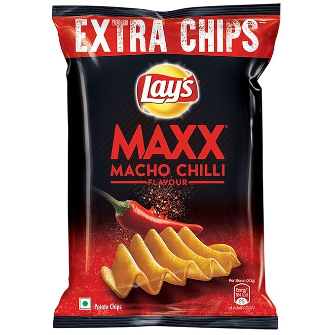 Lay's Maxx Potato Chips, Macho Chilli Flavour, Crunch Crispy Chips & Snacks 59.4g / 56 g, (Weight May Vary)