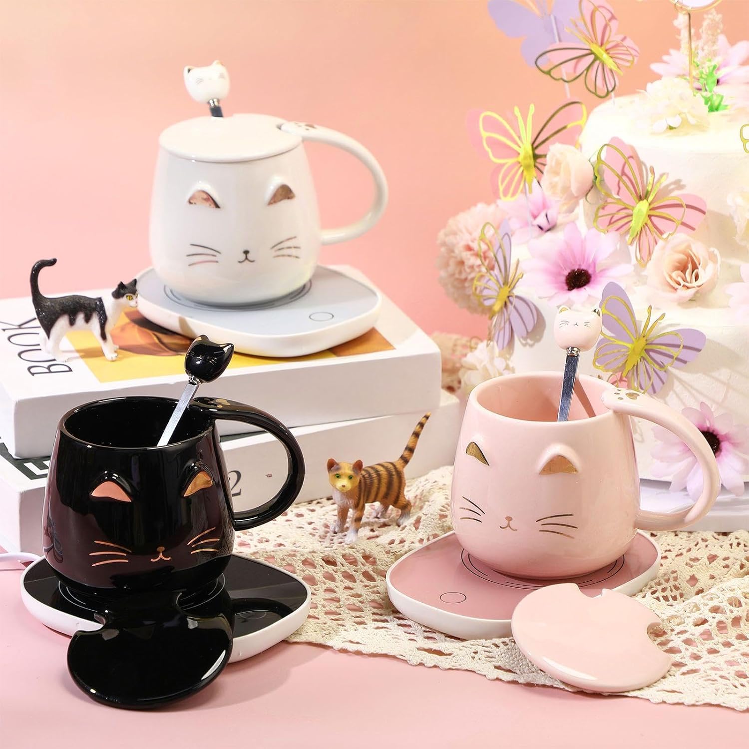 Cat Coffee Cup Coffee Warmer with Mug for Women Electric Mug Heater Temperature Control Ceramic Cute Cat Warmer for Office Valentine' Day Birthday Gift(Black) - Image 5