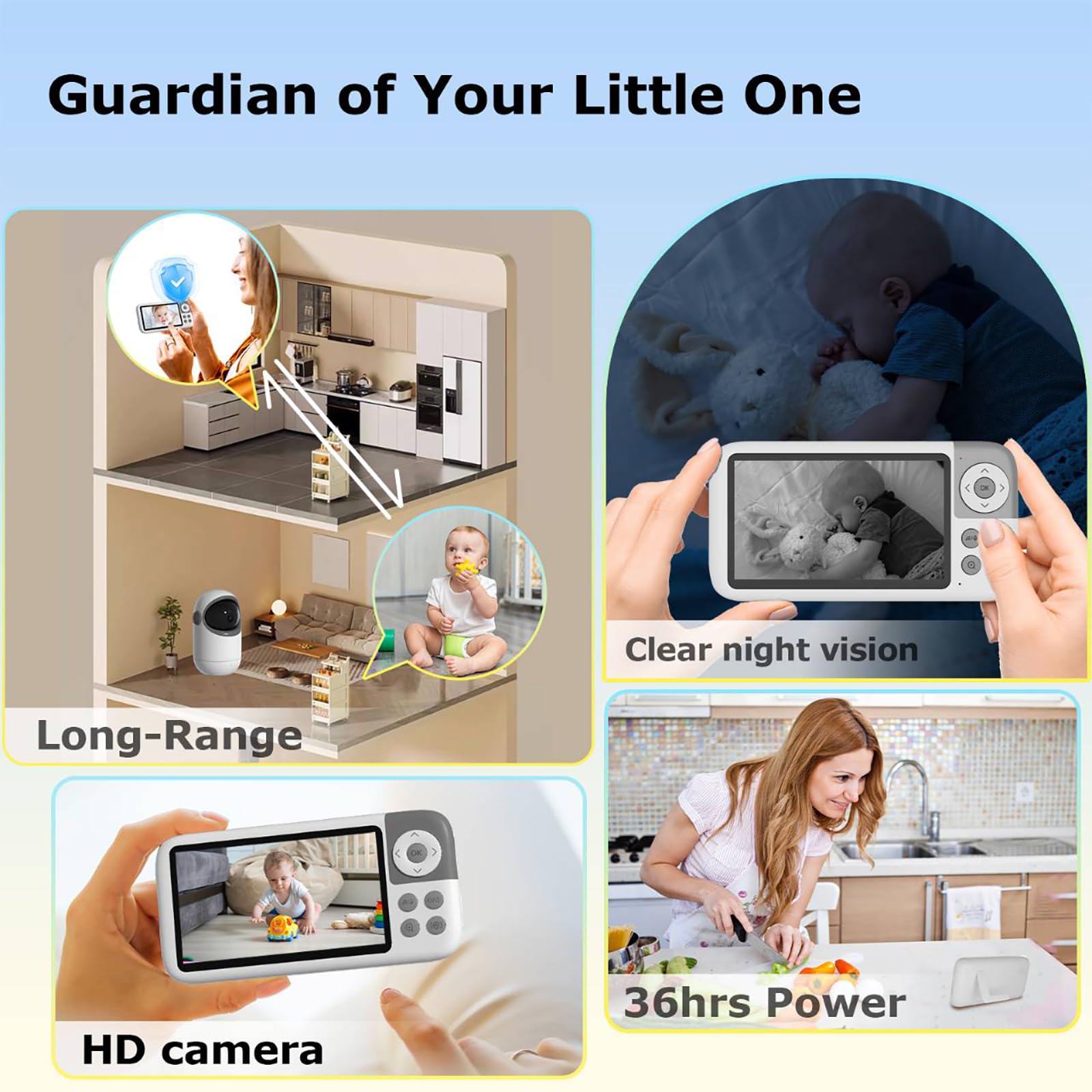 Monitor de video para bebé de 5 pulgadas con cámara y audio, batería de 36 horas de duración, cámara HD, zoom panorámico, inclinación 3X, monitor de bebé de largo alcance sin WiFi, visión nocturna