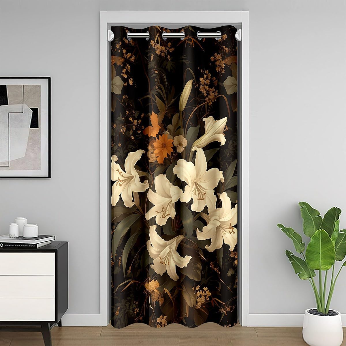 White Lilies Door Curtain for Boys Girls Vintage Floral Theme Doorway Curtain 60" Wx 80" L Wild Jungle Flowers Blackout Curtain Retro Luxury Curtain Tapestry for Hallway