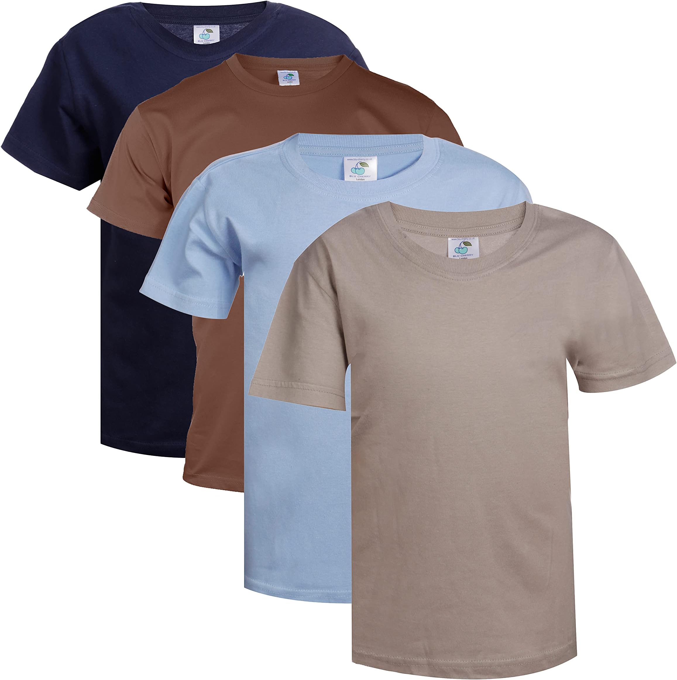 Blu Cherry4 Pack Boys Girls Unisex Plain Cotton Blank UK Size Basic T-Shirt Top Assorted Multi Pack- Casual Relaxed