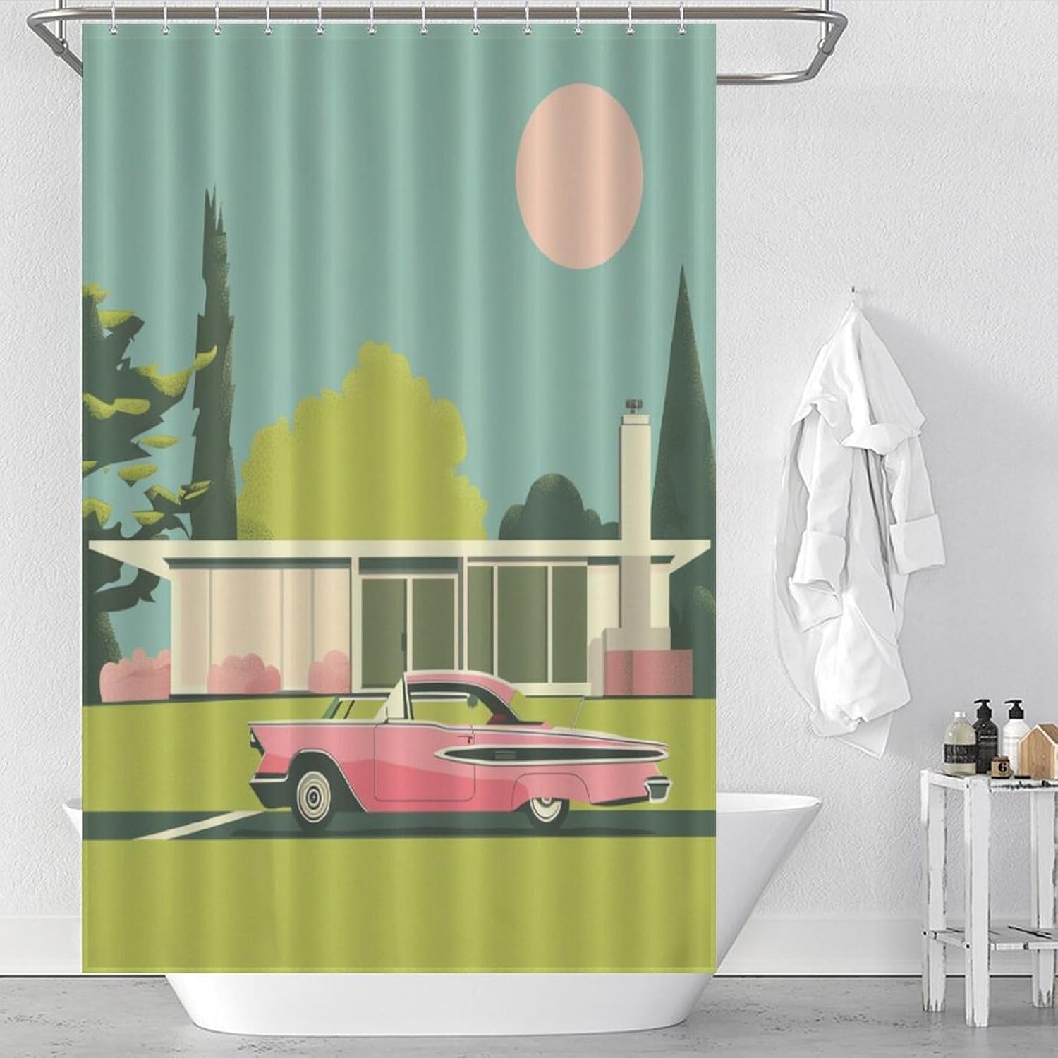 Retro Suburban House Shower Curtain Abstract Art Mid Century Modern Shower Curtain Plastic Waterproof Fabric Shower Curtain Long Modern Home Bathroom Decorations 48x72Inch