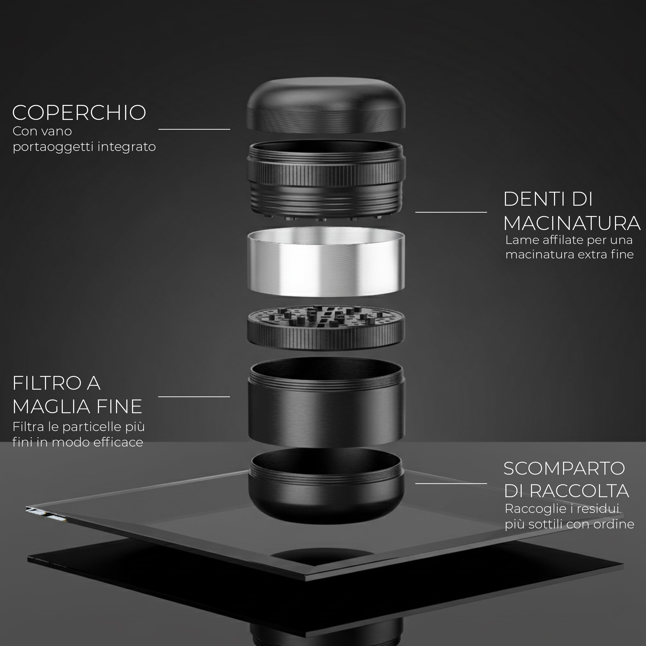 Viberium Grinder Metallo 60 mm- Grinder Belli Tritino, Grinders Kit Original, Accessori per Erbe, Herb Crusher Professionale, Macinino, 4 Pezzi - Nero