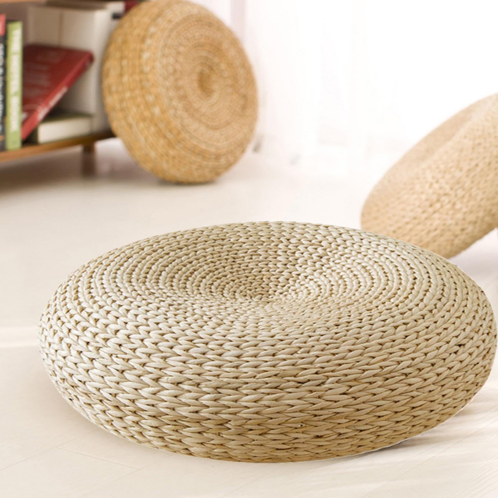 Futon, Cuscino in Vimini Naturale, Cuscino rotondo Tatami, Cuscino Seduta in Paglia da Terra Rotondo Tatami, Traspirante, Cuscino Rotondo da Pavimento, Decorazione per Salotto da Giardino