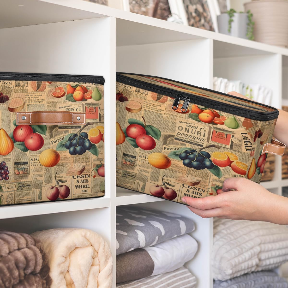 Storage Bin Set of 2 Newspaper Fruits Storage Basket with Zipper Lid & Handle Foldable Closet Shelf 2 Pack Cloth Organizer Basket Cube Bins Clothes Organizer for Bedroom, Nursery