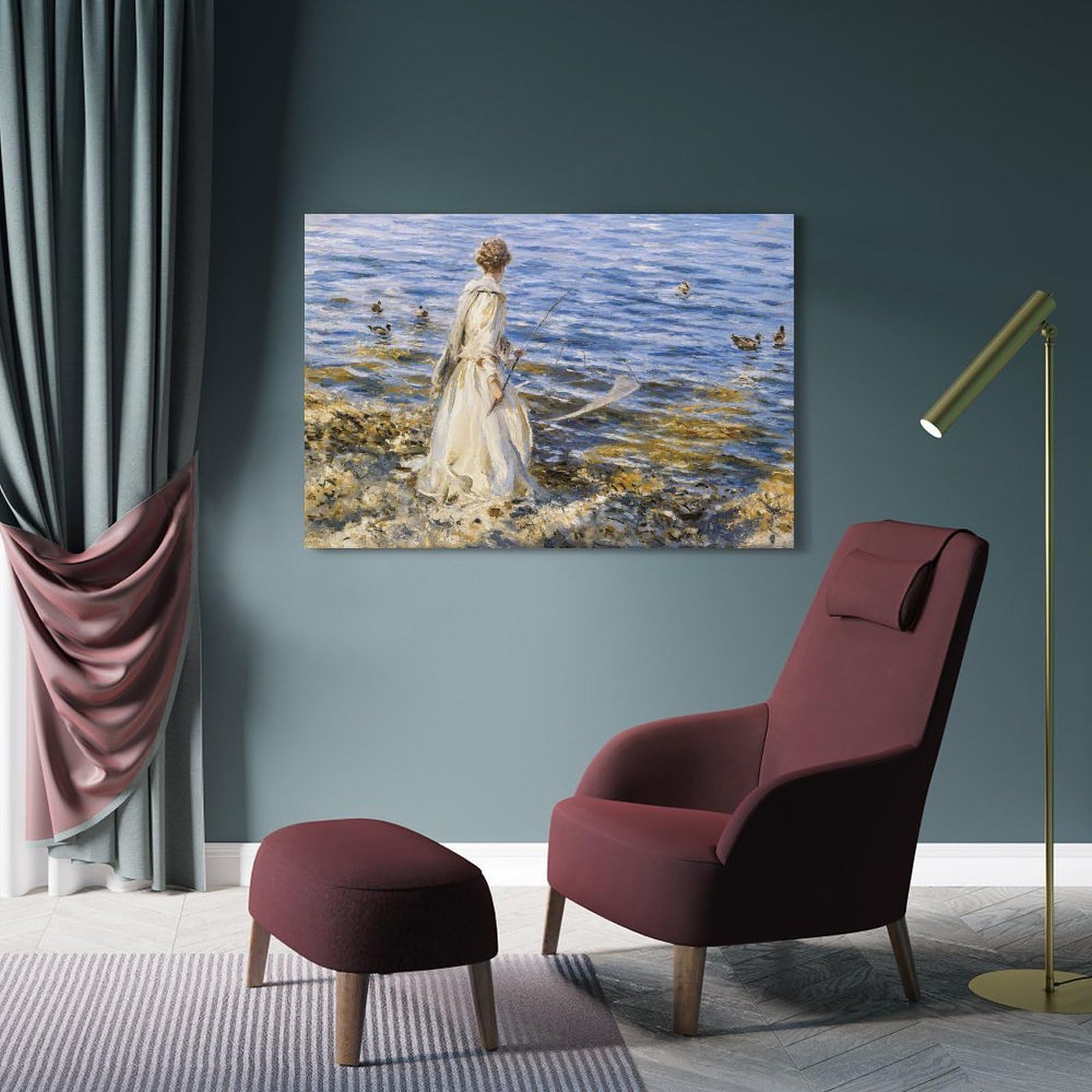 Poster artistico da parete in stile moderno, stampa su tela di lusso neutra per soggiorno e camera da letto, ispirato a John Singer Sargent Girl Fishing 40 x 60 cm