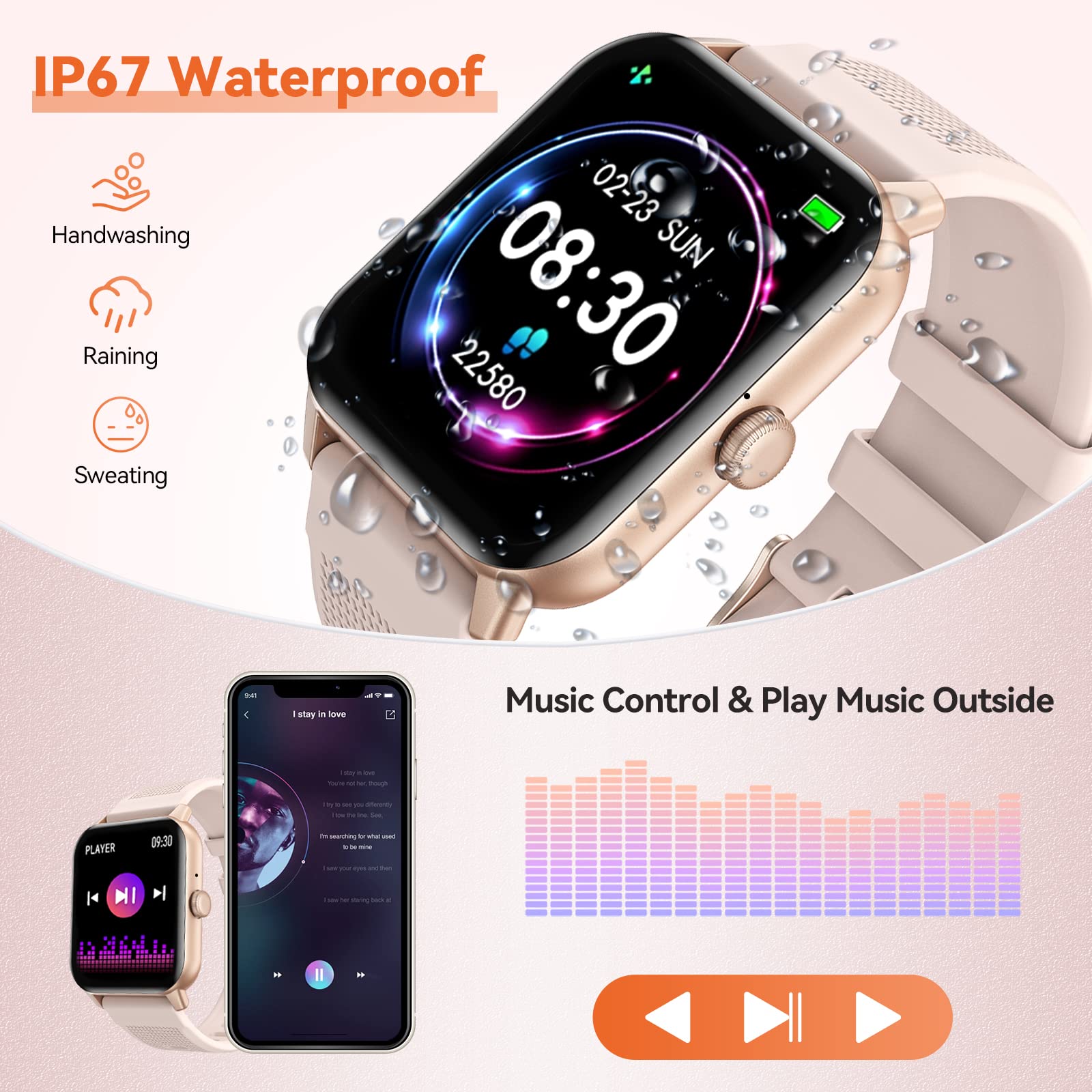 RIVERSONG Montre Connectée Femme avec Appel Bluetooth, 1,70" Montre de Sport avec Fréquence Cardiaque,SpO2, Podomètre, Cycle Menstruel, Moniteur de Sommeil, Étanche IP67, pour Android/iOS, Rose