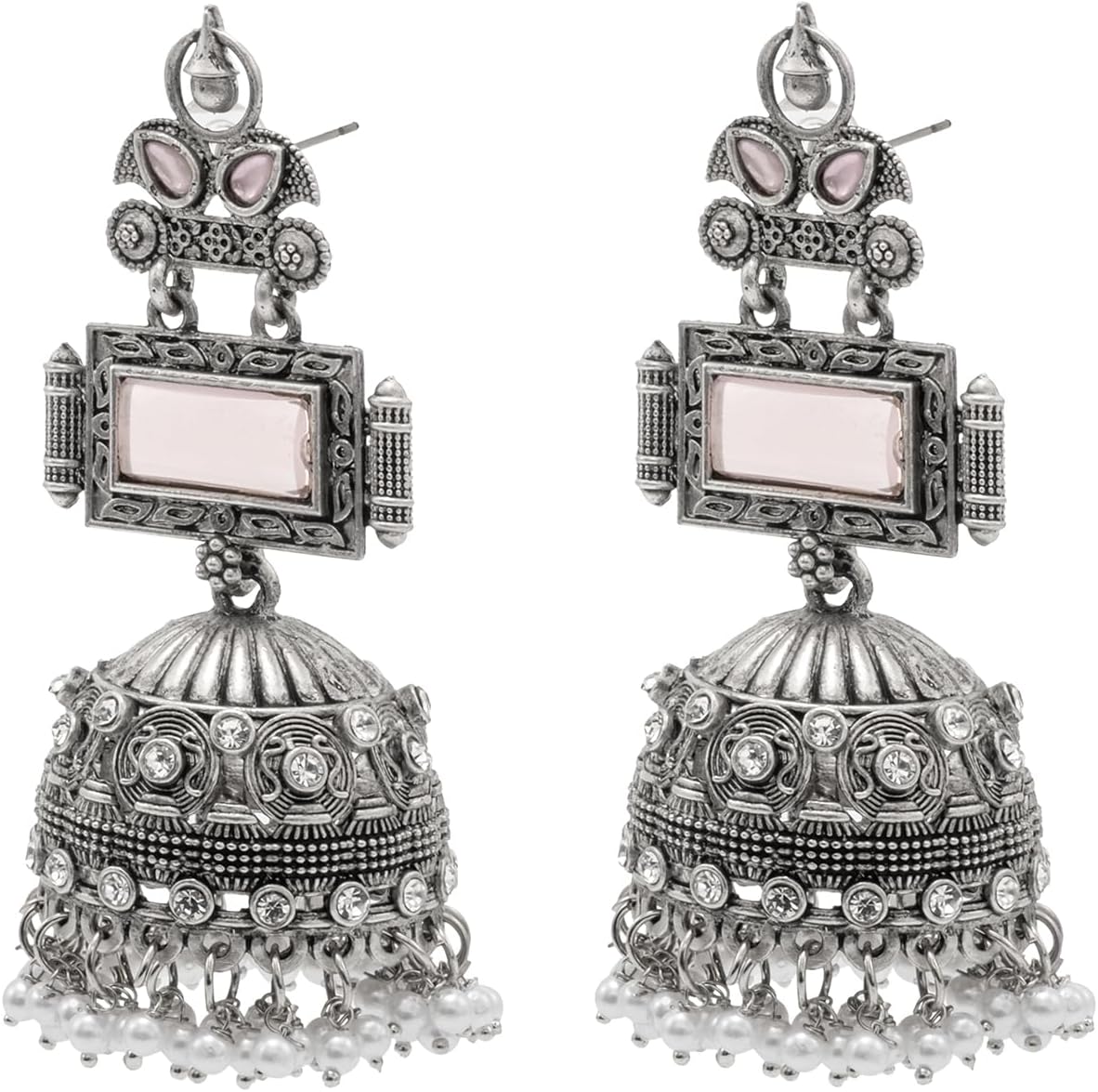 Bodha Traditional Indian Antique Dual Tone Antique Silver Oxidised Oxidized CZ, Pearl,Crystal & Stylish Long Jhumka Earrings for Women (SJE_263_P)