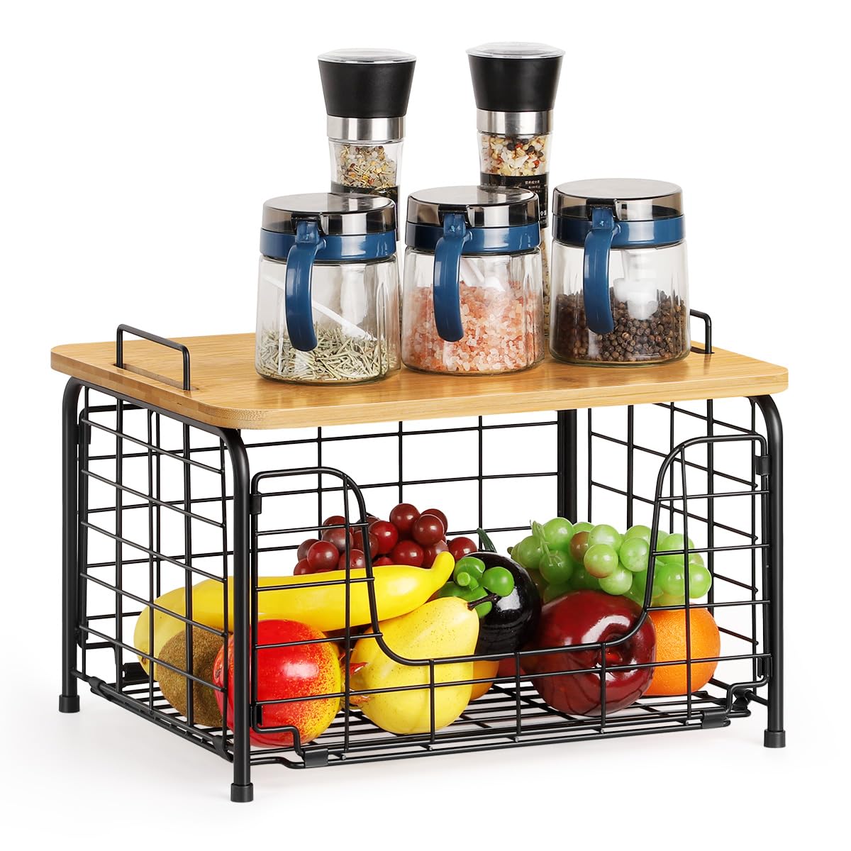 Countertop Basket with Bamboo Top, Stackable Countertop Pantry Organizer for Fruit and Vegetable, Wire Storage Basket, Countertop Organizer for Produce, Fruit, Vegetable, Bread