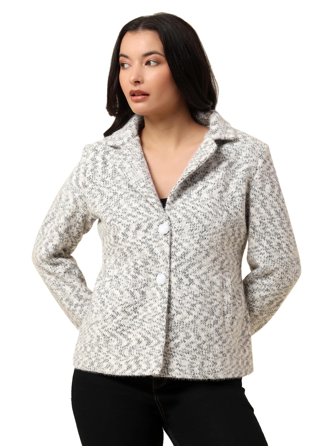 Blazer for Women l Premium Casual Blazer Regular Fit Notched Collar Wool Blend Fabric Self Design Pattern-image-44