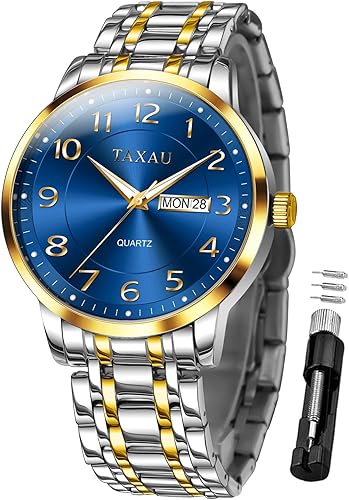 Relojes de vestir para hombre, reloj analógico impermeable con fecha de día, reloj de pulsera de acero inoxidable de lujo con números arábigos