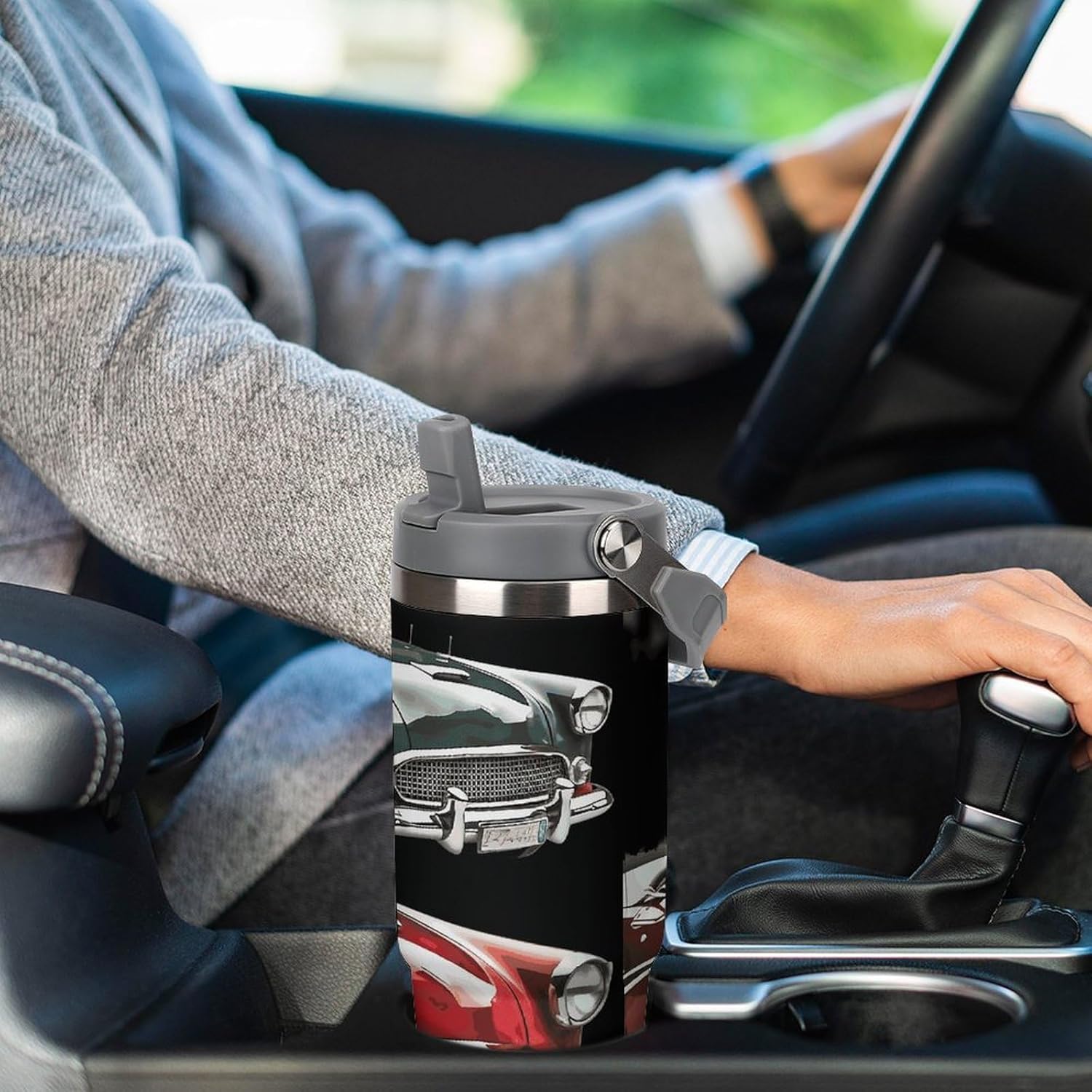 30oz Insulated Tumblers with Top Handle, Stainless Steel Classic Car Roadsters Old Fashioned Car Cup with Straw for Gift, Leak-Proof Double Wall Vacuum Travel Mug, Personalized Water Bottles White