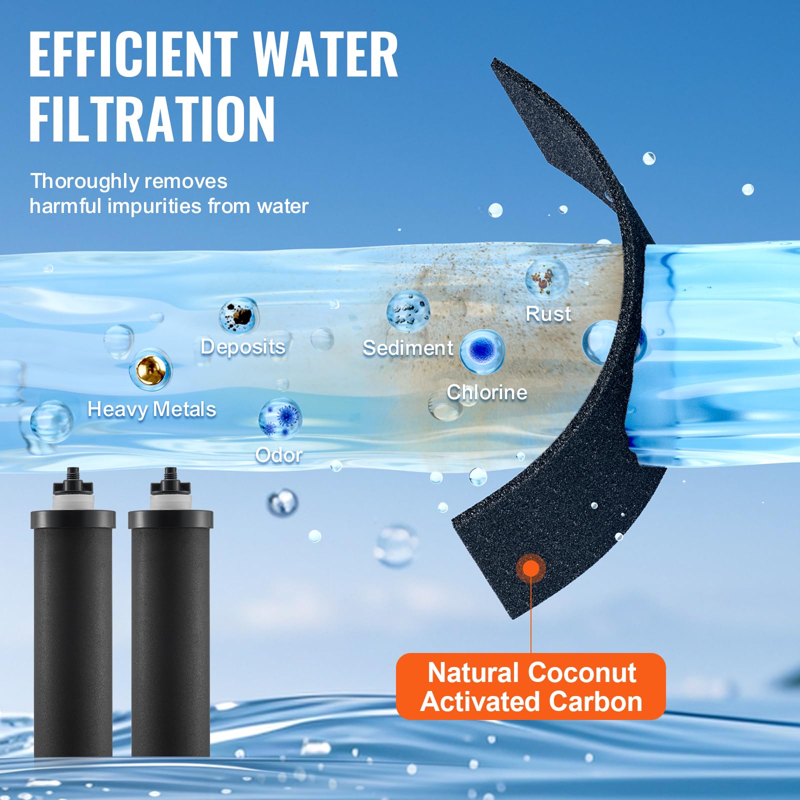 VEVOR Filtres à Eau de Rechange Lot de 2, Purificateur d’Eau Compatible avec la Plupart des Marques, Filtre à Charbon Actif pour Système de Filtration d'Eau par Gravité, Facile à Remplacer, Noir