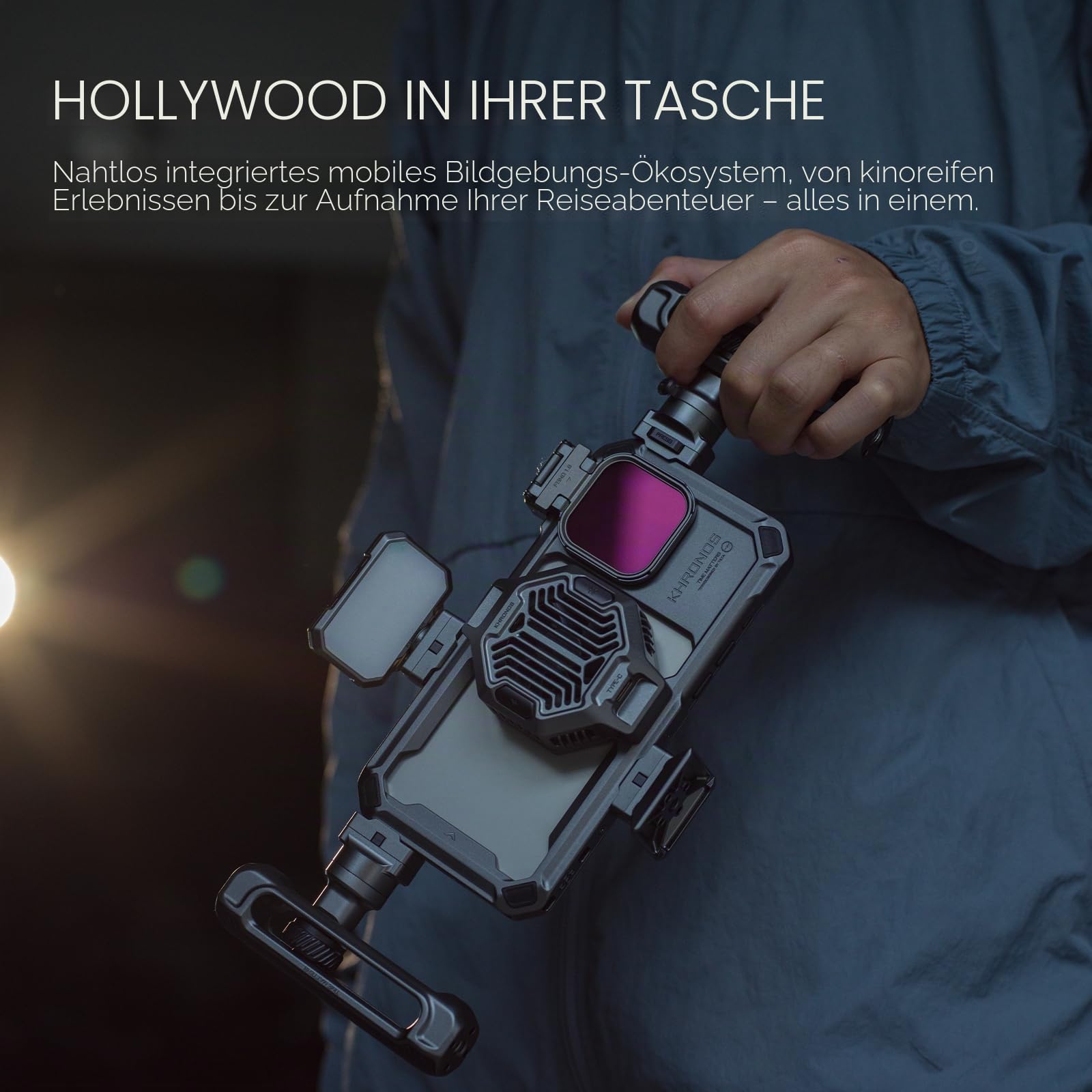 TILTA Khronos Handykäfig für iPhone 15 Pro mit Kühlsystem, Focus PD Griff, Schnellverschluss-Filterschale und magnetischem FSND 0.6/1.2 Filter, Smartphone Case Advanced Kit - Titanweiß TK-IP15-PC-TW