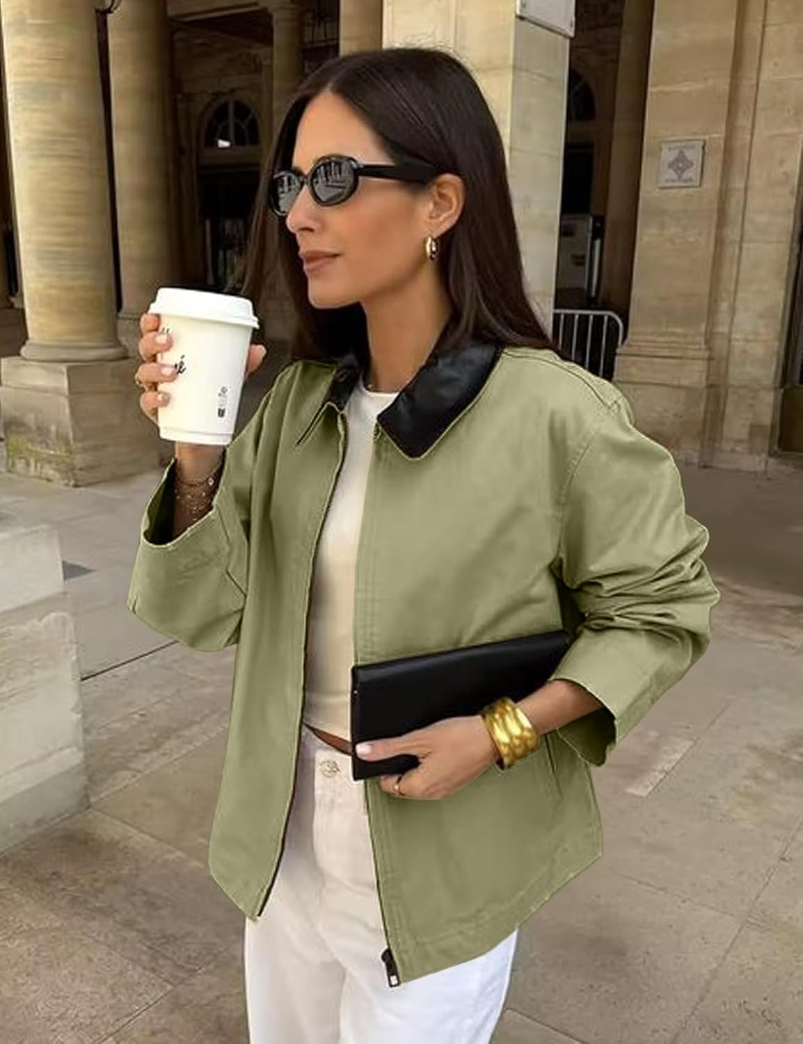 Shiyifa Womens Cropped Barn Jacket Contrast Collar Canvas Jackets Lightweight Utility Coat with Pockets