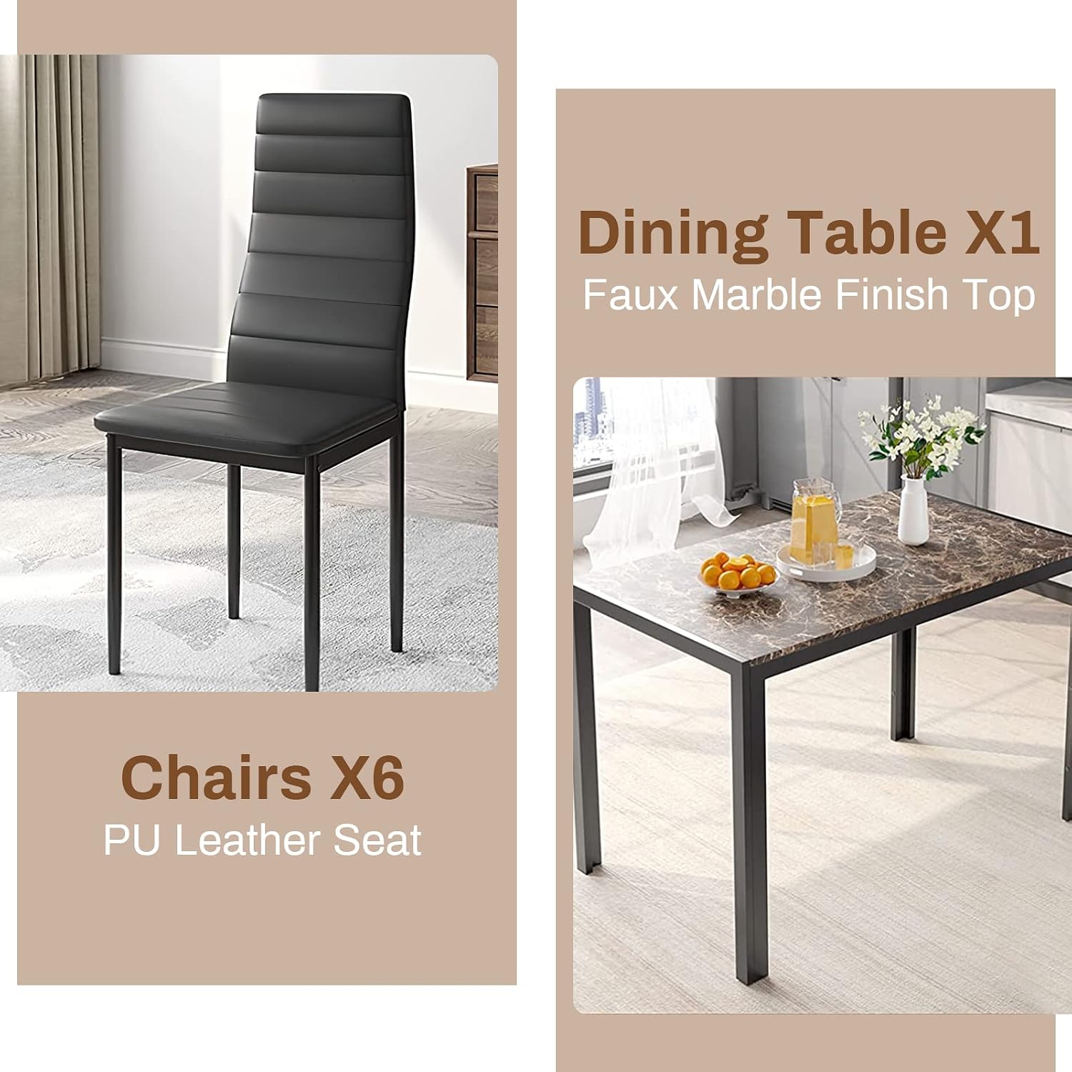 BAHOM Kitchen Dining Table Set, Glass Table and PU Leather Chairs Set for Breakfast (Grey, 7 Piece)