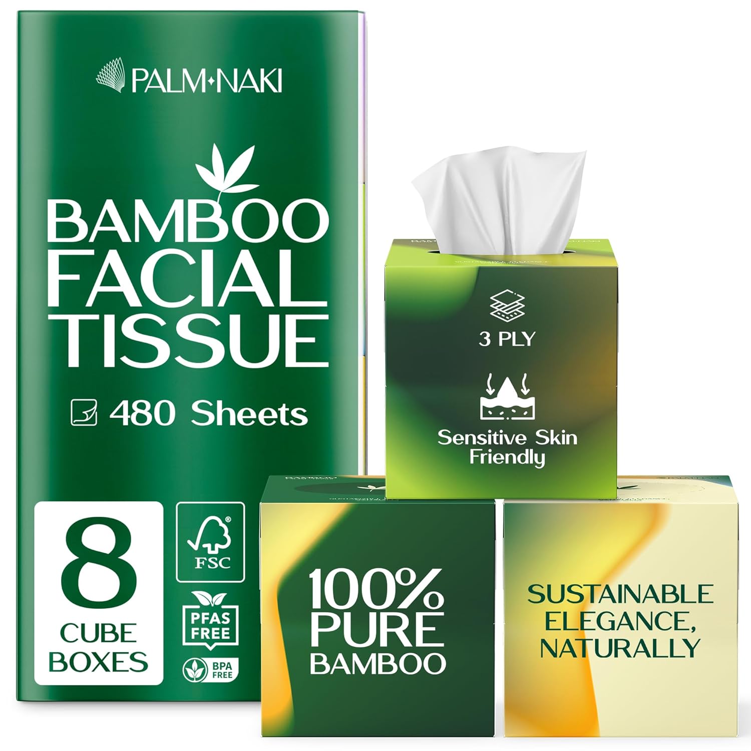 Bamboo Facial Tissue 3-Ply Strong Lint-Free Fragrance-Free Gentle for Sensitive Skin BPA PFAS-Free FSC Certified 8 Cube Boxes