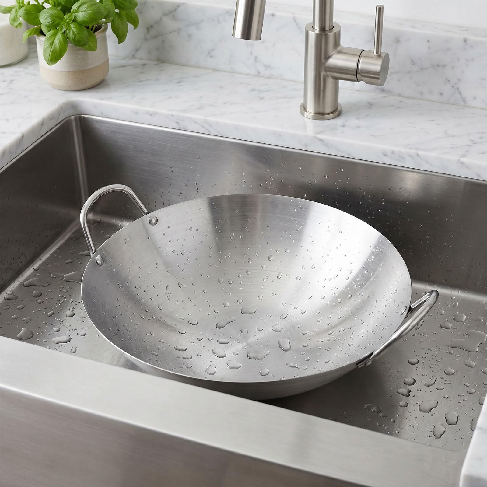 Zerodeko Wok à double poignée en acier inoxydable, wok de cuisson à fond rond, poêle à sauter en métal, poêle à vapeur et à sauter, ustensiles de cuisine traditionnels pour restaurants