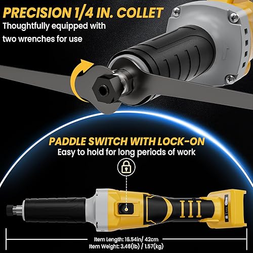 Miniatura 7 de Amoladora de troquel inalámbrica, compatible con batería Dewalt de 20 V, motor sin escobillas de tres velocidades 26000 RPM, mandril de precisión de