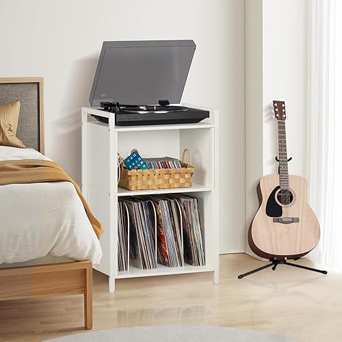Miniatura 22 de YAHARBO Soporte para tocadiscos, soporte para discos de vinilo de 3 estantes con almacenamiento, soporte para discos blanco, soporte para tocadiscos