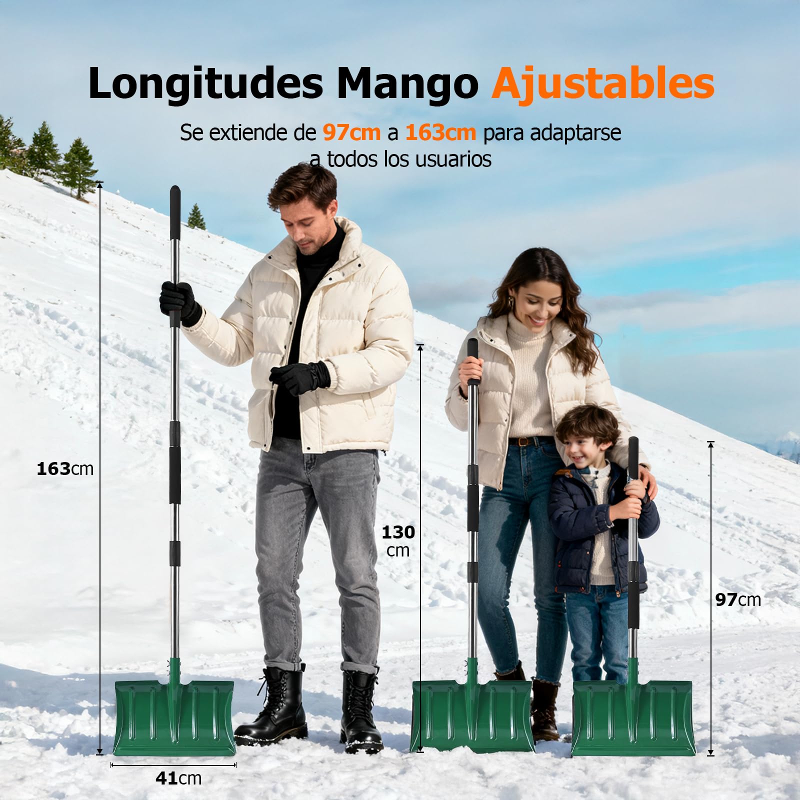 Palas de nieve con mango largo de 163 cm, pala de metal de alta resistencia con pala ancha de 41 cm, mango largo ergonómico y espuma antiescarcha para quitar la nieve de entrada, coche, mantillo
