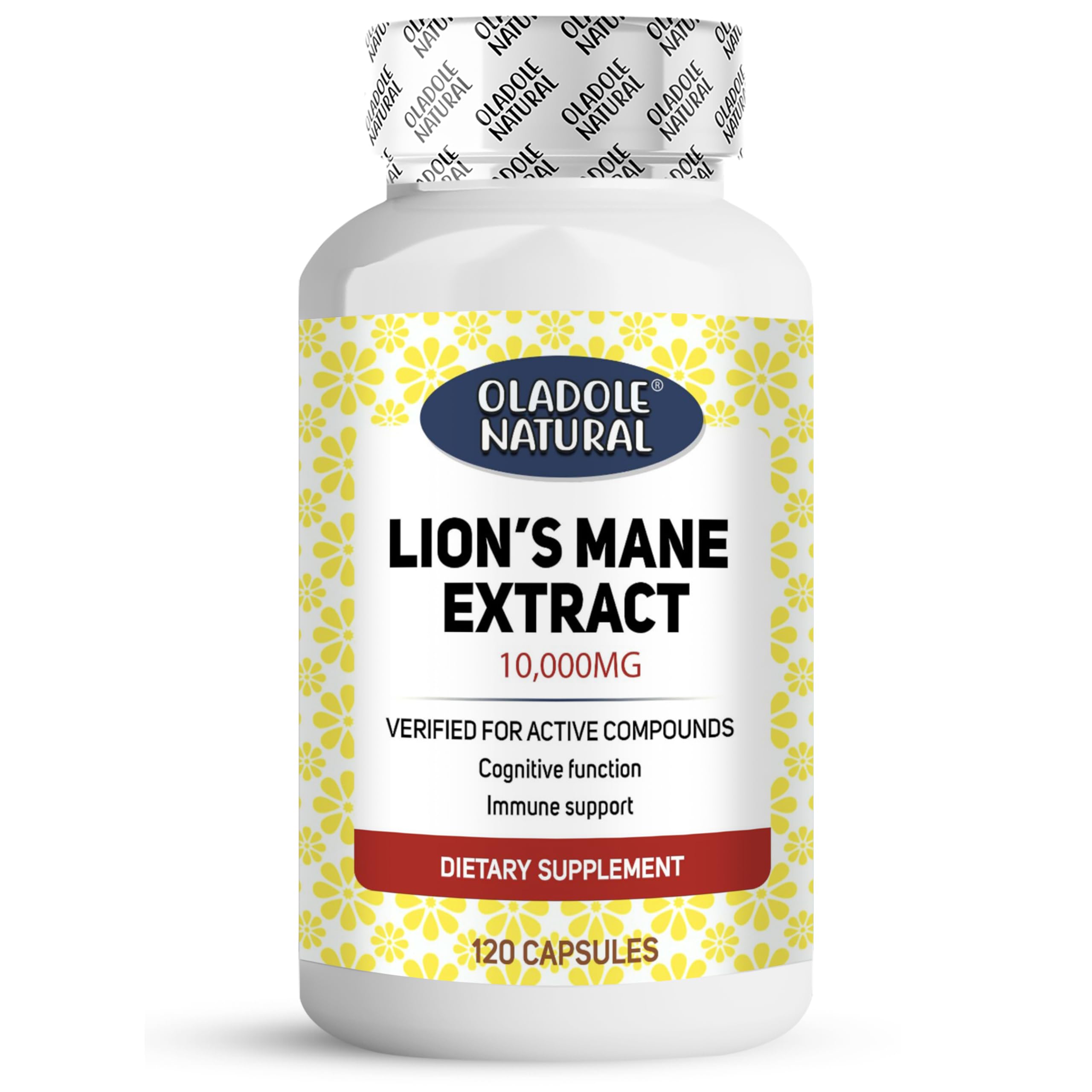 Oladole Natural Lions Mane Extract 10,000 mcg - 120 Capsules | Verified for Active Compounds | Supports Cognitive Function, Memory, Focus, and Immune Health | Natural Brain Booster