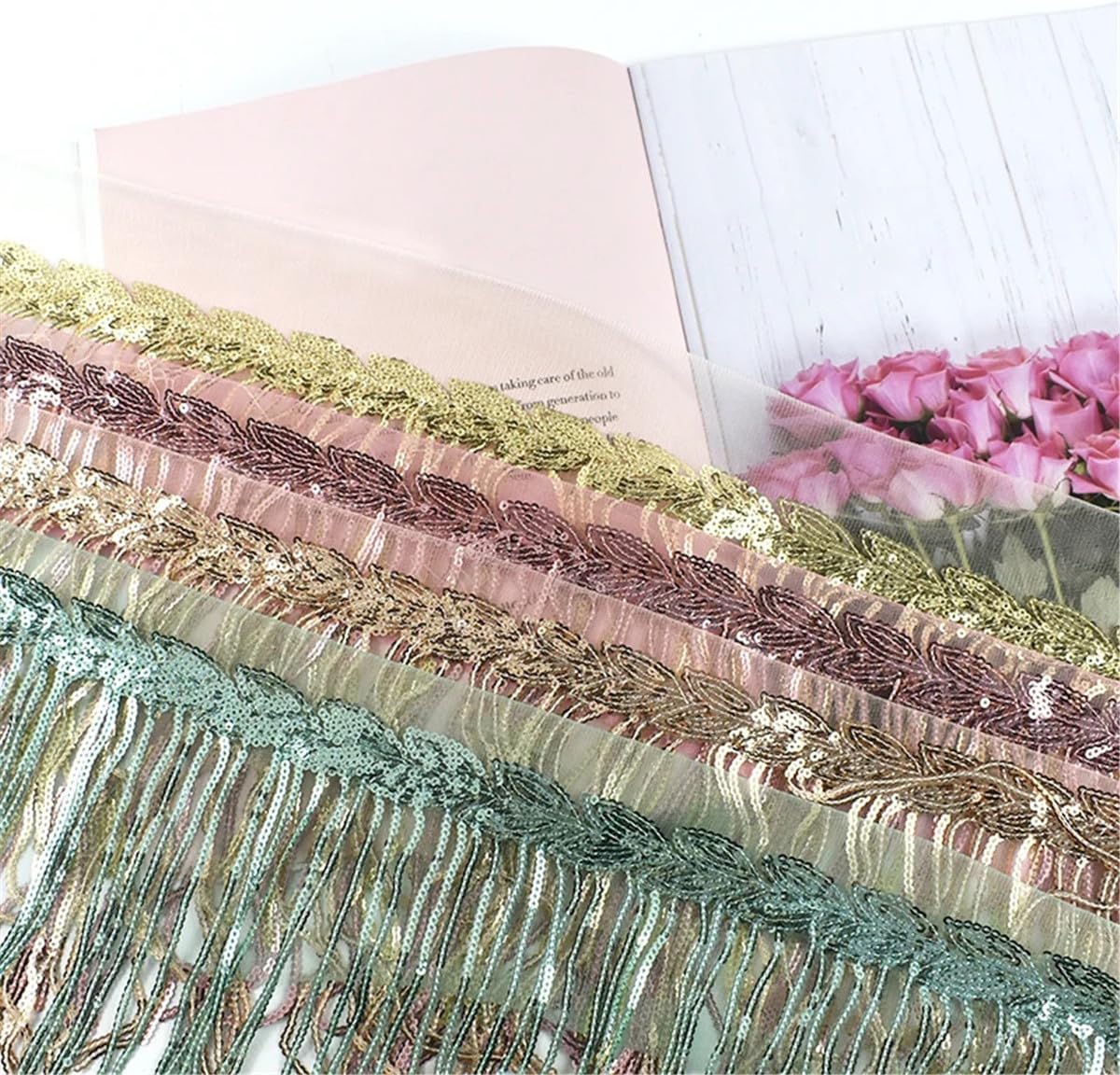 ECYC Ltd 5 Yards 7.87" Wide Bling Sequins Lace Tassel Fringe Trim, Sewing Fringe Trim Tassel Sequin Trimming Sparkly Sequin Fringe Trim for DIY Sewing, Latin Dress, Stage Costume, Crafts Decoration