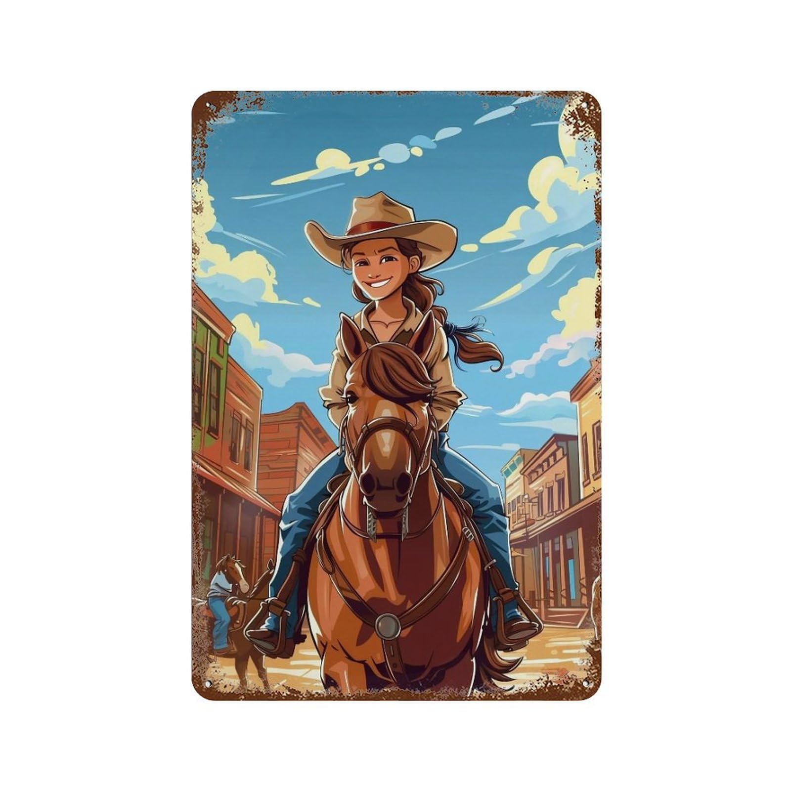 FHUYEURHRY Happy Cowgirl Riding Horse 03 Wall Decor Retro Iron Vintage Art Metal Tin Sign Poster Modern Home Cofffee Club Art Bar Shop Decorations Style 30x20cm