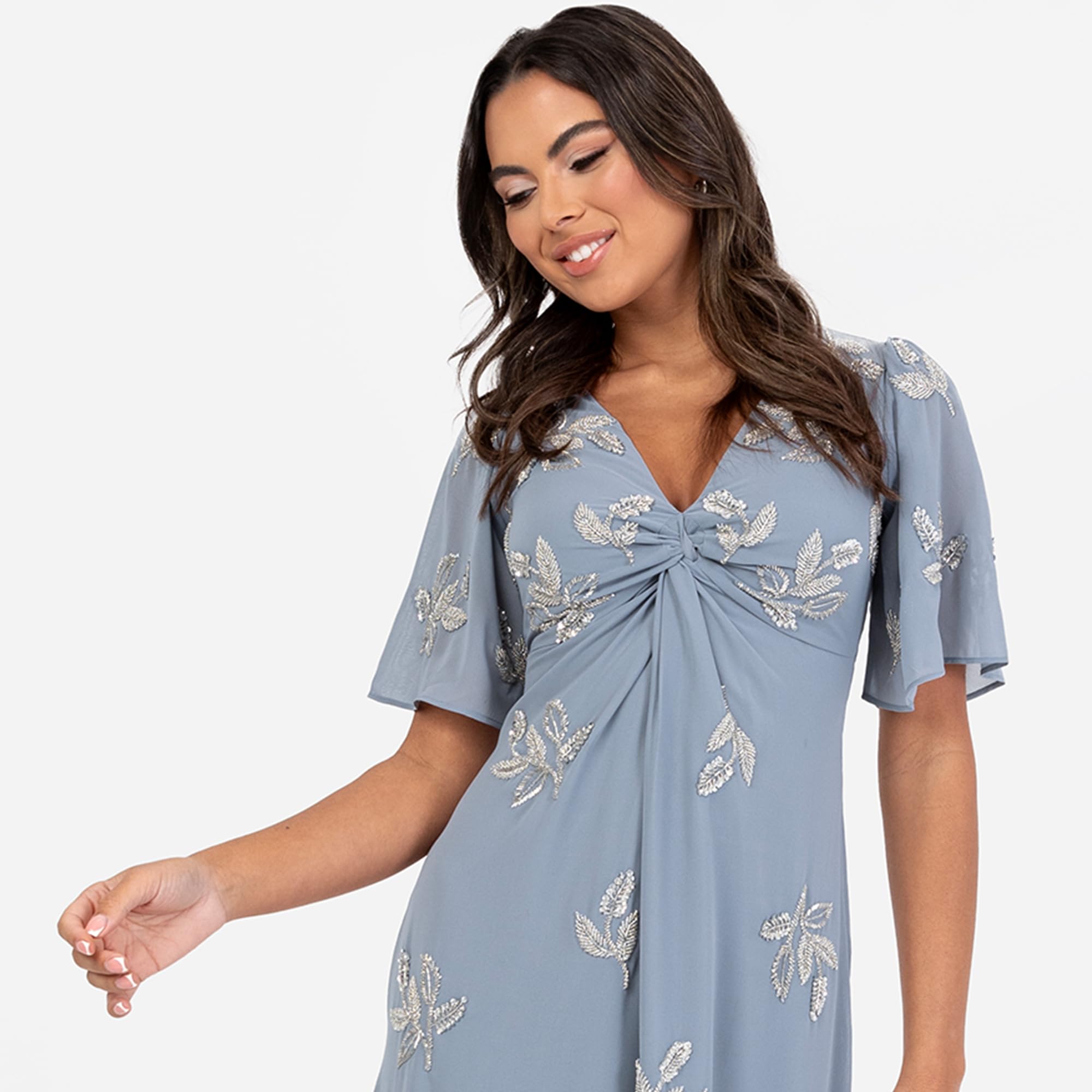 Women's Maxi Dress Ladies V-Neck Angel Sleeve Floral Bead Embellished Knot Front A-Line Bridesmaid Wedding Guest Prom
