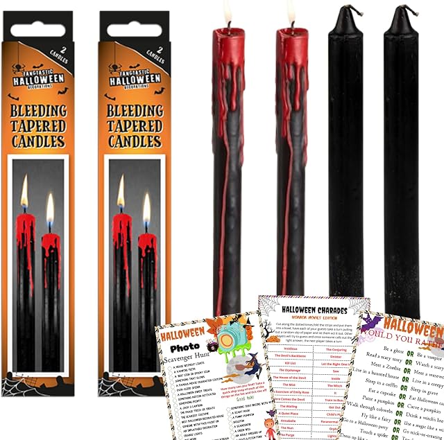 Halloween Candle - Black Bleeding Candles 4X and Game Card - Gothic Home Decor, Tapered Candles, Halloween Party Table Decoration, Vampire Tears Candles