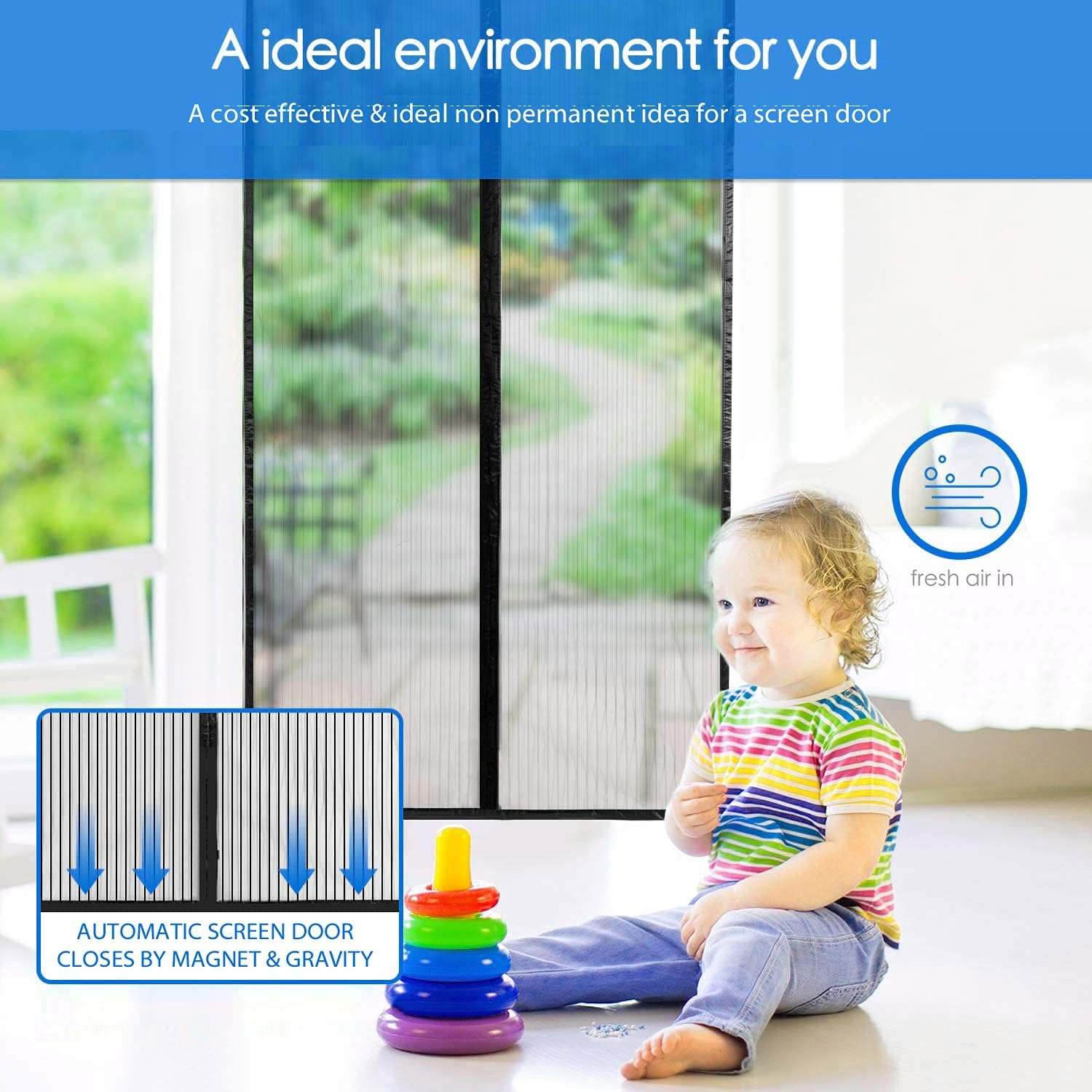 Magnetic Screen Door Retractable Mesh for Standard American 80" x 36" to 82" x 38" Size Doors Pet Net Patio Hands Free Magic Automatic Self Sealing Closing Closure - - 