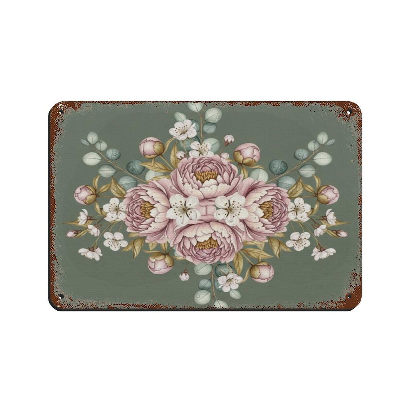 Plaque en métal vintage pivoine et plantes vertes pour déco rétro de bar ou café 20x30 cm