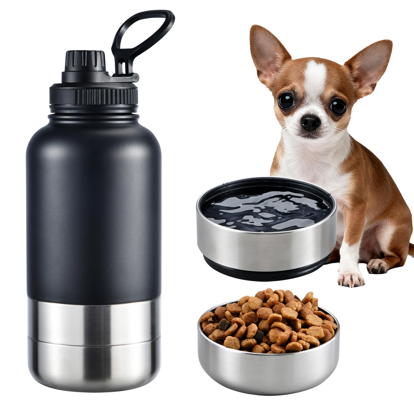 Cibaabo Insulated Dog Water Bottle with 2 Bowls, 32oz Travel Stainless Steel Double Wall Thermos, Portable Pet Dispenser, Gifts for Puppy Small Medium Dogs Walking Hiking and Camping