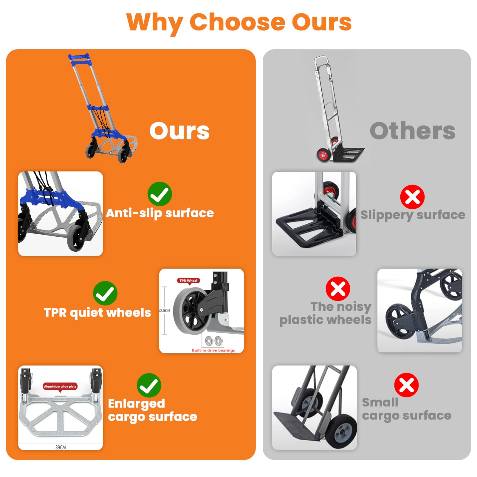 MAXBROTHERS Diable Pliable en Aluminium,avec poignée télescopique et Roue en Caoutchouc rotative à 360, 1 Cordons Extensibles,degrés pour Les Bagages,Shopping,Voyage,déménagement et(TPR-Wheels)