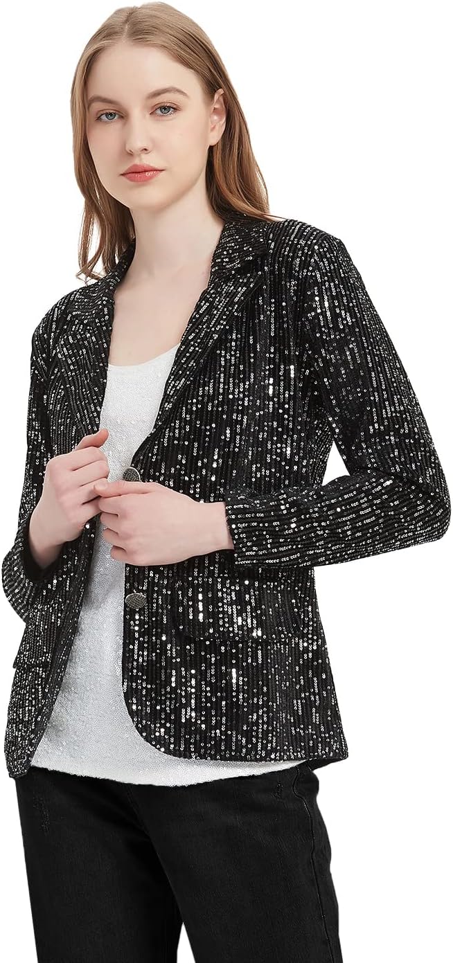 Anna-Kaci Women's Evening Sparkle Sequins Open Front Long Sleeve Blazer Jacket