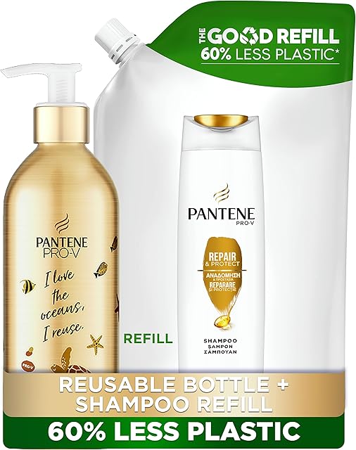 Pantene Repair & Protect Silicone-free Refill Set Shampoo, Eco Friendly Gift for Damaged Hair in Reusable Aluminium Shampoo Bottle (430 ml) + a Refill Pouch (480ml), 910 ml