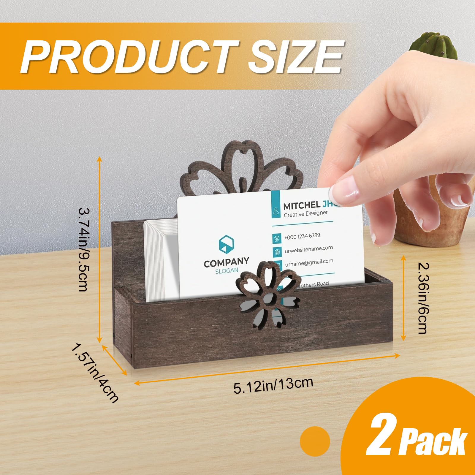 RETON 2 Pack Wood Business Card Holder for Desk, Flower Wooden Business Card Display Stand, Business Card Organizer Essentials for Postcard Office Home Desktop Tabletop - Image 2