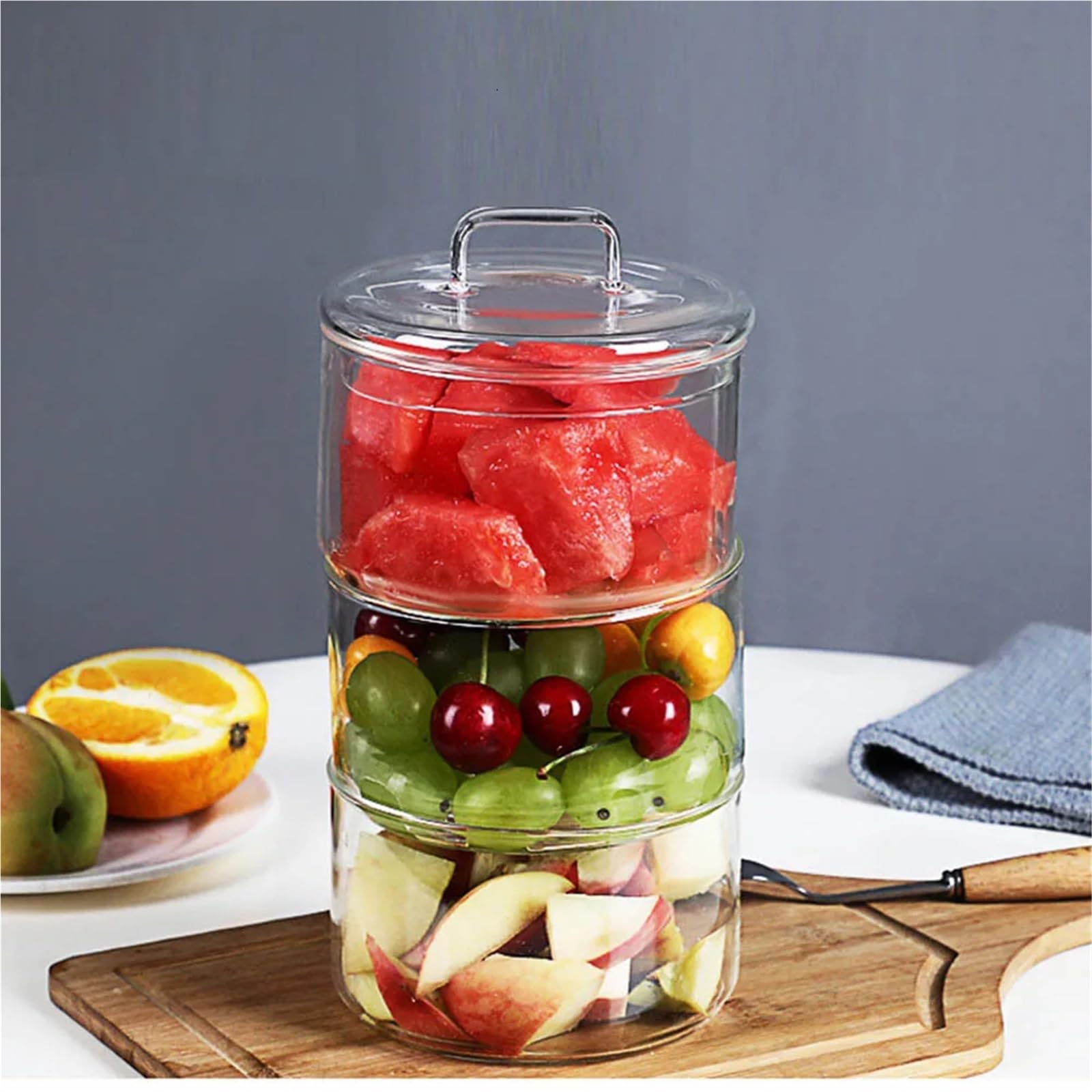 Ensaladeras Cuenco de vidrio resistente al calor con tapa Stackabe, cuencos redondos for ensalada de frutas, contenedor de almacenamiento de alimentos de cocina transparente, 2 uds. Para Cereales, Ens