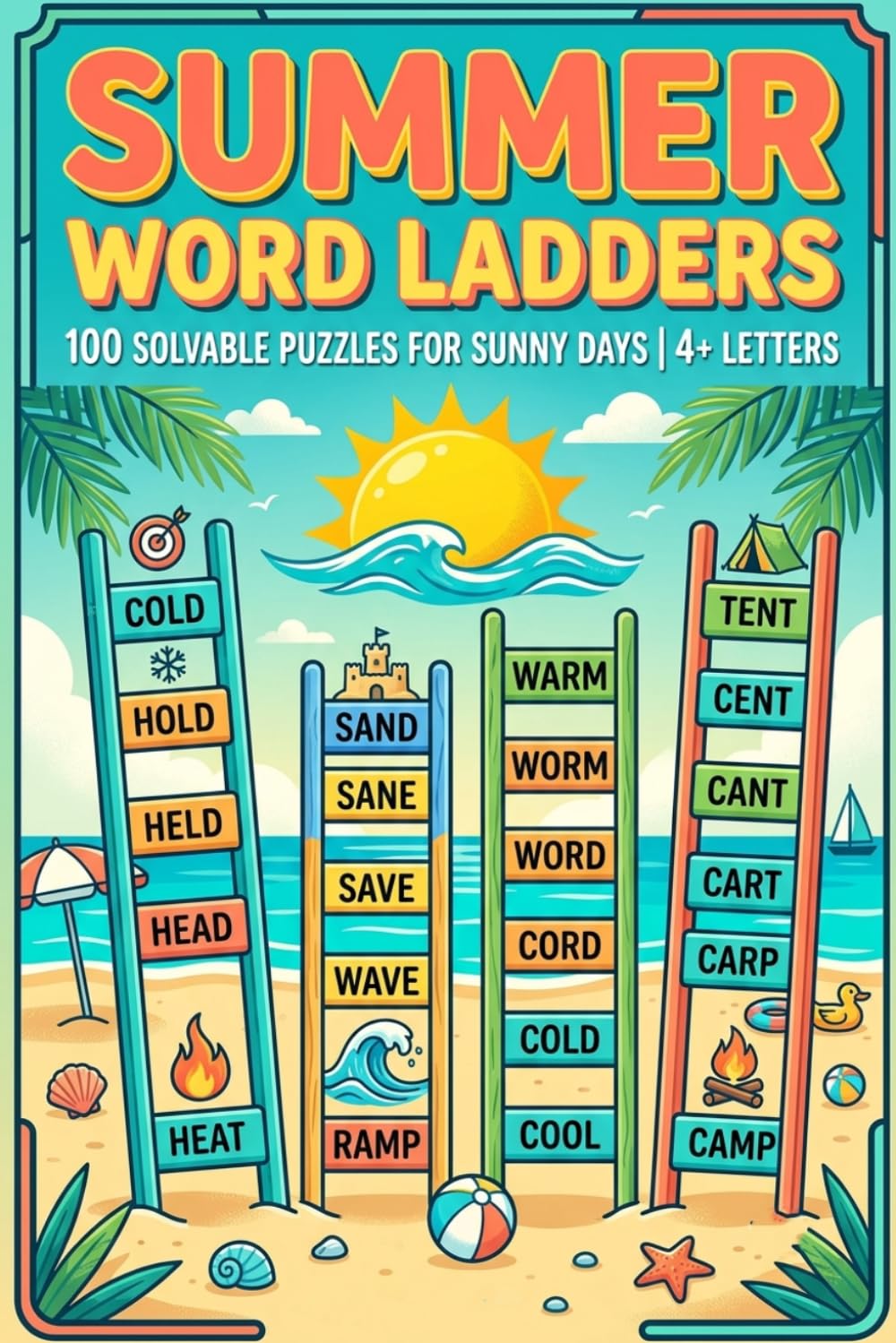 Summer word ladder puzzle book: Word ladder words easy to solve 100 puzzles | +4 letters words | 6x9 inches | gift for vacations and holidays